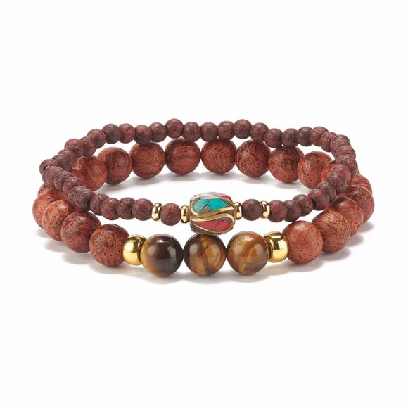 NWOT Tiger eye & Mixed gemstone Stretch Bracelet Stack Set - Handmade Focal Bead - Picture 2 of 7